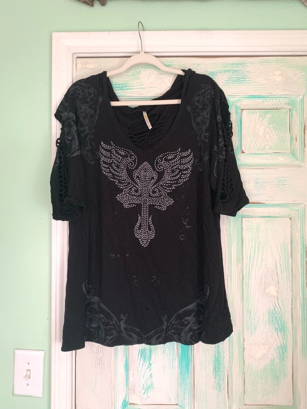 Ocasion Black Ribbed 3/4 Sleeve Hooded Goth Y2K Style Top